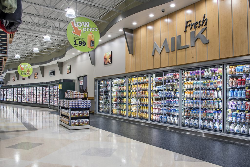 Grocery construction of a Harris Teeter, showing the dairy department.